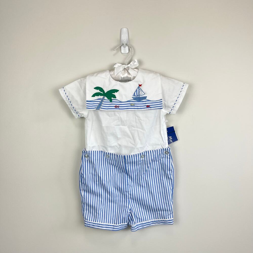 Vintage Carriage Boutiques Applique Sailboat Shortall Romper Set 18 Months NWT
